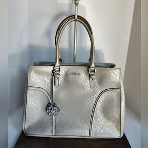 GUESS Logo Monogram Tote Bag Large Silver Purse Bag Silver Hardware Flower Tag